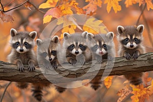 Cute raccons sitting on a tree branch, animals in the wild, common lotor procyon raccoon