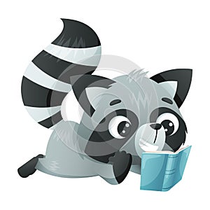 Cute Raccoon Animal Reading Book in Hard Cover Enjoying Interesting Story Vector Illustration