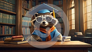Cute raccoon in bachelor\'s cap in the library educational learning bachelor banner