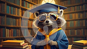 Cute raccoon in a bachelor\'s cap in the library educational learning bachelor banner