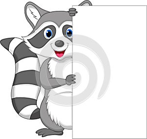 Cute raccoon cartoon holding blank sign photo