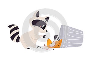 Cute Raccoon Character with Ringed Tail Digging in Dustbin Vector Illustration