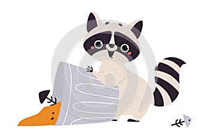 Cute Raccoon Character with Ringed Tail Digging in Dustbin Vector Illustration