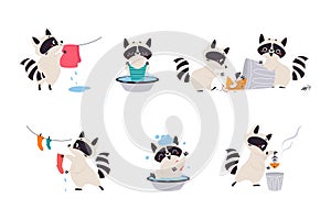 Cute Raccoon Character with Ringed Tail Engaged in Different Activity Vector Set