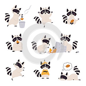 Cute Raccoon Character with Ringed Tail Holding Cookie and Digging in Dustbin Vector Set