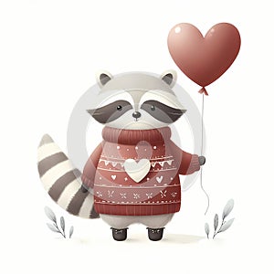 Cute Raccoon Holding Heart Balloon Valentine's Day white backgrounds