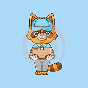 Cute raccoon courier package delivery animal chibi character mascot icon flat line art style illustration concept cartoon