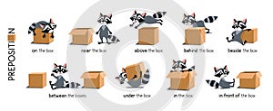 Preposition of place set. Raccoon and the box photo