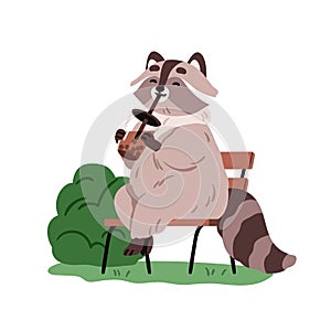 Cute raccoon drinking boba beverage, bubble tea. Happy funny animal character, racoon relaxing with milkshake, sitting