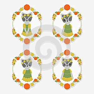 Cute raccoon on flower frames suitable for gift tag set design