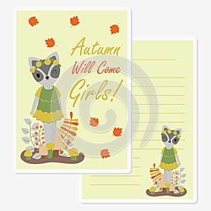 Cute raccoon girl under maple leaves suitable for Autumn card design