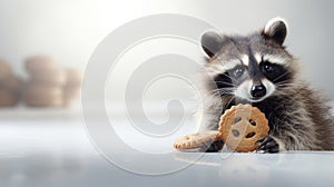 Cute Raccoon Holding Cookie. On light background. With copy space. Funny animal. Ideal for comedic content or