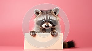 Cute raccoon holding empty blank card on pink background, mock up.