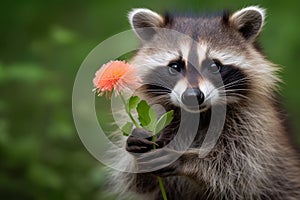 cute raccoon holding flower in paws outdoors with green background