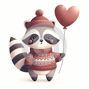 Cute Raccoon Holding Heart Balloon Valentine's Day white backgrounds