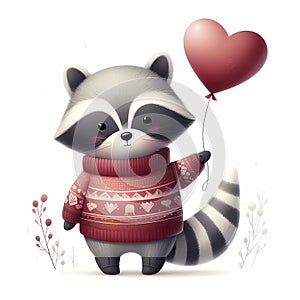 Cute Raccoon Holding Heart Balloon Valentine's Day white backgrounds