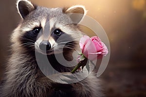 cute raccoon holding pink rose in paws