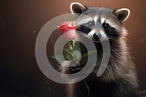 cute raccoon holding pink rose in paws