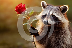 cute raccoon holding red rose in paws outdoors with green background