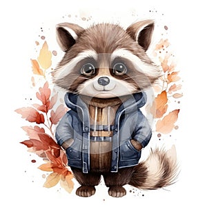 Cute raccoon in a jacket with autumn leaves. Watercolor illustration