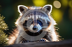 Cute raccoon in the morning forest,raccoon toddler looking in frame,wild animal forest walk