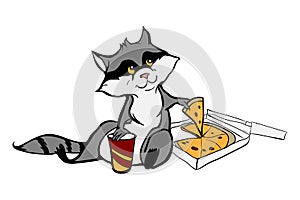 Cute Raccoon with pizza and pop color vector