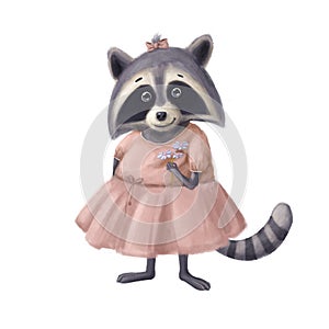 Cute raccoon portrait with flowers, watercolor style illustration, funny animal character clipart