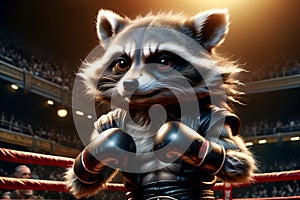 cute raccoon in the ring wearing boxing gloves, boxer athlete