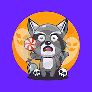 Cute raccoon scared by ghost in halloween day. Cute halloween cartoon illustration.