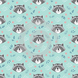 Cute Raccoon Seamless pattern. Cartoon Animals in forest background. Vector illustration