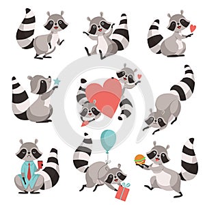 Cute Raccoon Set, Funny Animal Cartoon Character in Different Situations Vector Illustration