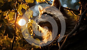 Cute raccoon sitting under tree, enjoying nature generated by AI