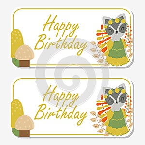 Cute raccoon smiles with mushrooms and flowers suitable for birthday label design