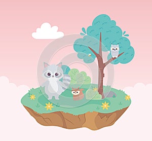 Cute raccoon squirrel and owl animals cartoon standing meadow tree and flowers nature