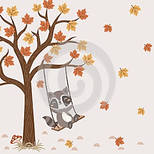 Cute raccoon swinging on the maple tree