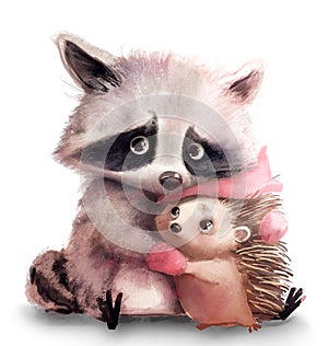 cute raccoon with white lovely hedgehog photo