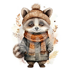 Cute raccoon in winter hat and scarf. Watercolor cartoon illustration