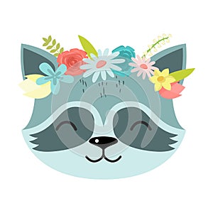Cute raccoon in a wreath of flowers. Raster illustration in flat cartoon style.