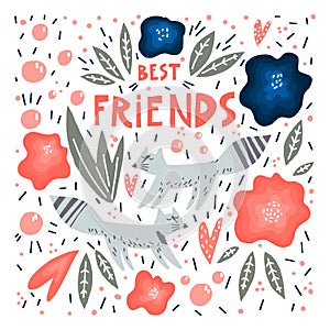 Cute raccoons leaves flowers bubbles and lettering style phrase: best friends