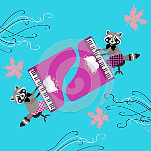 Cute raccoons - musicians. Beautiful card with cartoon animal characters