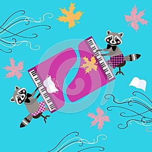 Cute raccoons musicians. Beautiful card with cartoon animal characters playing grand piano