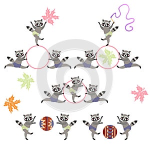 Cute raccoons - young sportsmen. Set of cartoon animals.