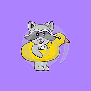 Cute racoon With Duck buoy. Animal cartoon concept isolated. Can used for t-shirt, greeting card, invitation card or mascot. Flat