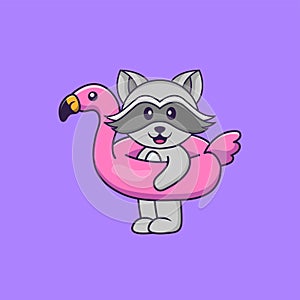 Cute racoon With flamingo buoy. Animal cartoon concept isolated. Can used for t-shirt, greeting card, invitation card or mascot.