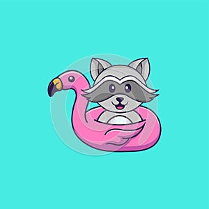 Cute racoon With flamingo buoy. Animal cartoon concept isolated. Can used for t-shirt, greeting card, invitation card or mascot.