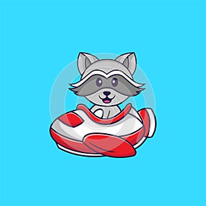 Cute racoon flying on a plane. Animal cartoon concept isolated. Can used for t-shirt, greeting card, invitation card or mascot.