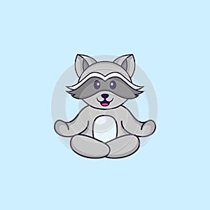 Cute racoon is meditating or doing yoga. Animal cartoon concept isolated. Can used for t-shirt, greeting card, invitation card or