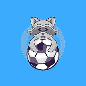 Cute racoon playing soccer. Animal cartoon concept isolated. Can used for t-shirt, greeting card, invitation card or mascot. Flat