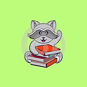 Cute racoon reading a book. Animal cartoon concept isolated. Can used for t-shirt, greeting card, invitation card or mascot. flat