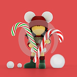 Cute rag doll with Christmas candy canes on a red